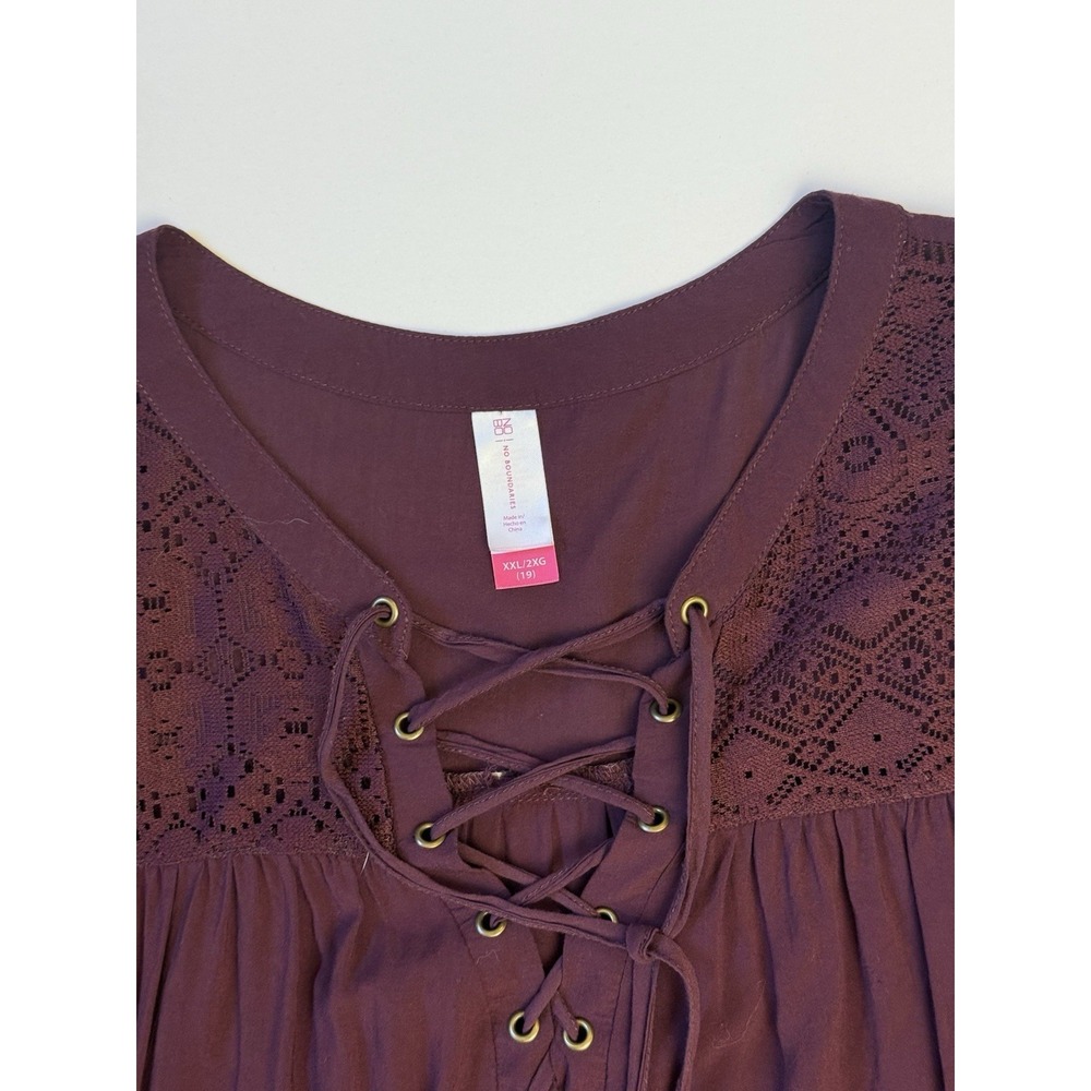 No Boundaries Dark Purple Lace Up Crochet Peasant Blouse XXL Boho - Picture 2 of 7